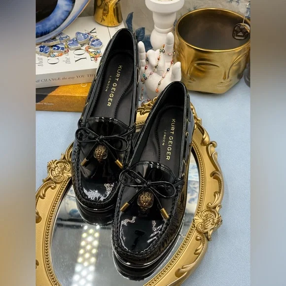 🆕 KURT GEIGER LONDON 🧿 NWOB Eagle Moccasins, Black Patent - Sz EU37 US 7
